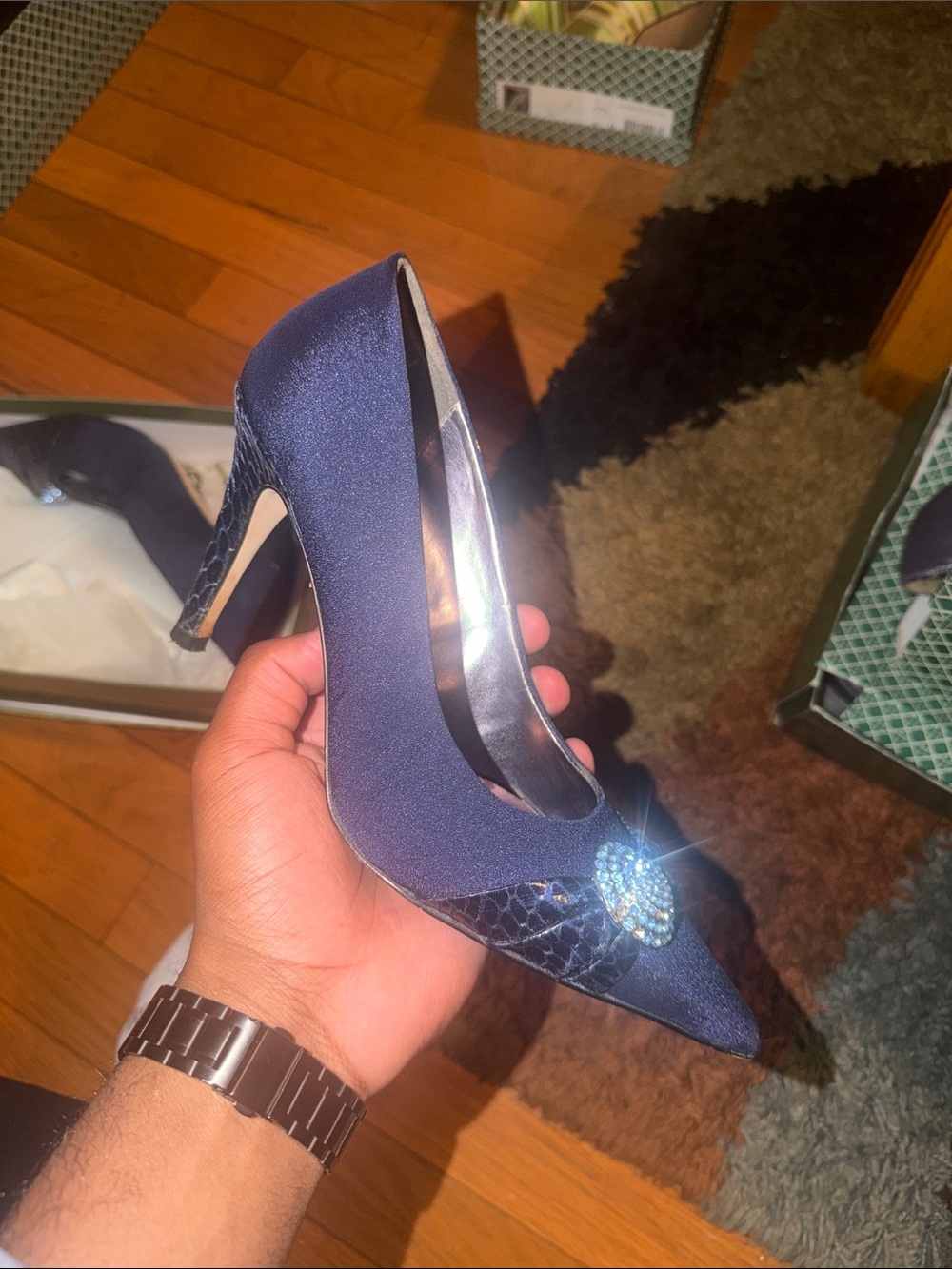J.Renee Navy Satin Pointed Toe Heels with Crystal Brooch